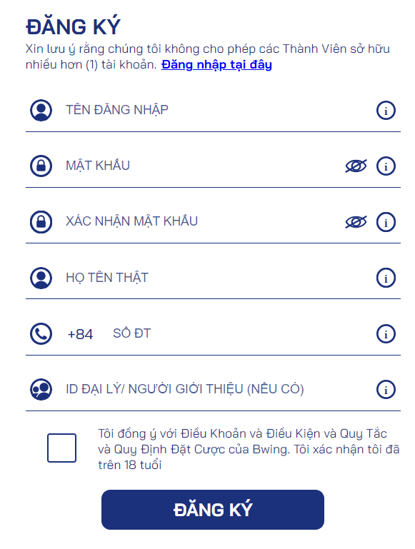 Bảng đăng ký tài khoản bong88